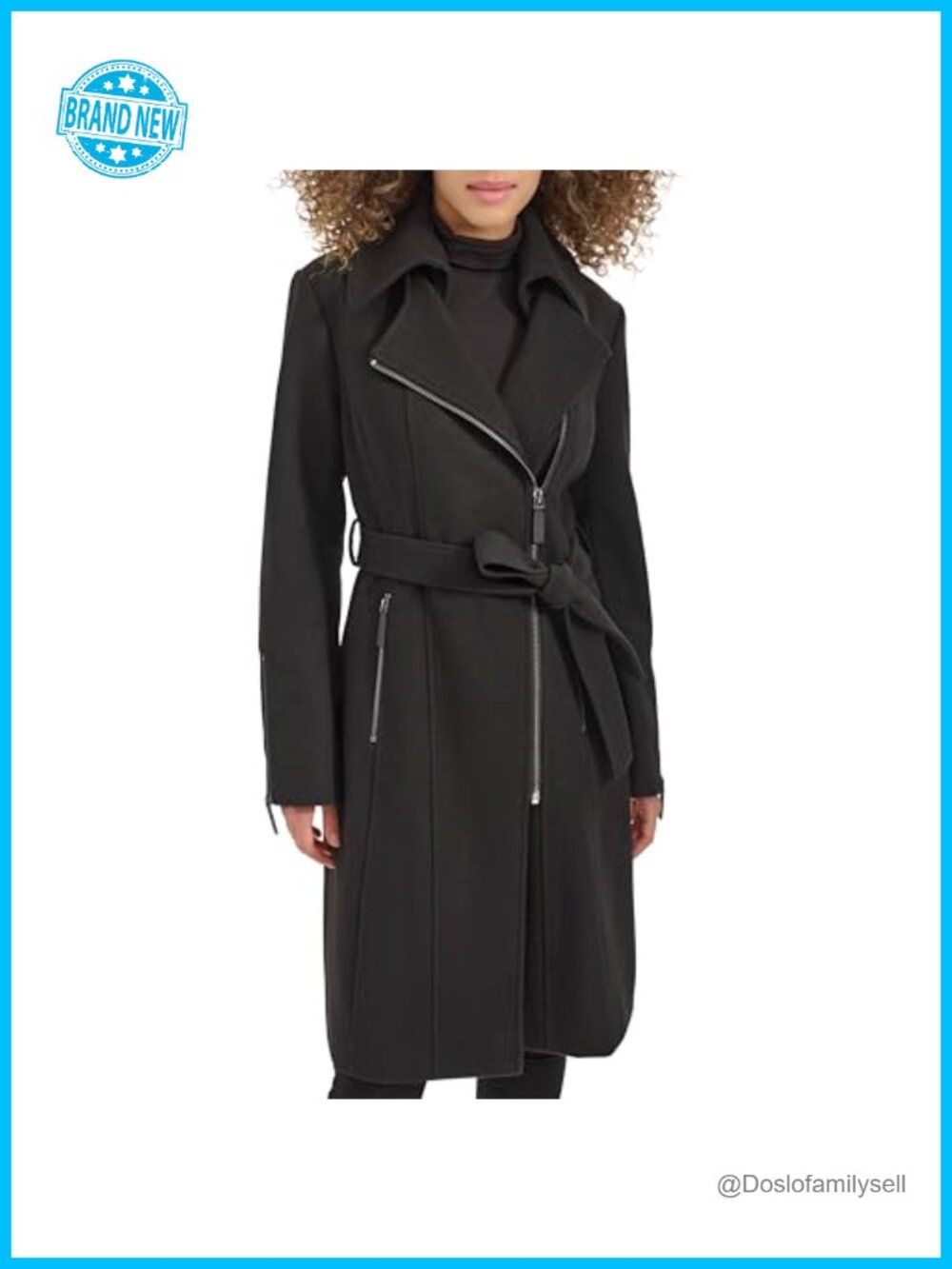 Wool Tweed Textured Asymmetrical Zip Belted Coat Zipper Trim